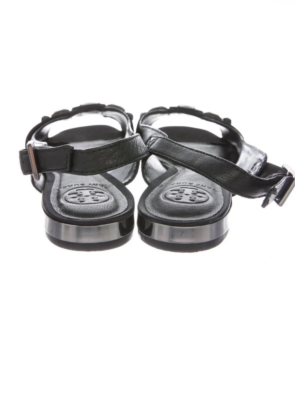 Tory Burch Black Slingback Flat Sandal with Faceted Gem Size 7.5M